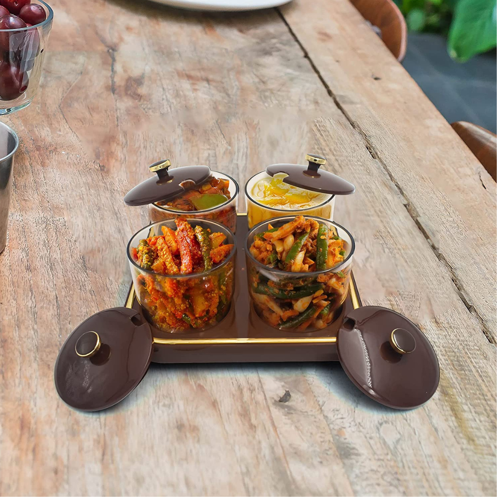 Nayasa Plastic Pickle Container Set With Spoon, Lid And Tray For Dining Table Set Of 4 NAYASA