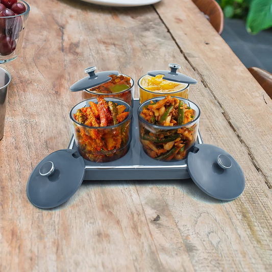 Nayasa Plastic Pickle Container Set With Spoon, Lid And Tray For Dining Table Set Of 4 NAYASA