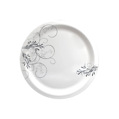 White & Black Floral Melamine Round Plates (12 Inch, Set of 6)