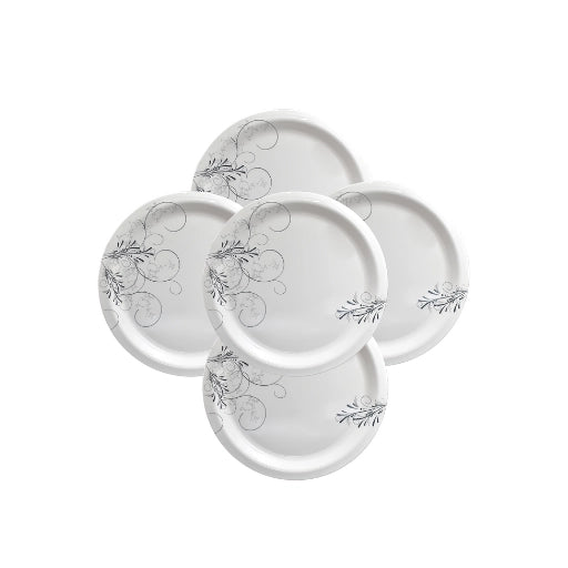 White & Black Floral Melamine Round Plates (12 Inch, Set of 6)