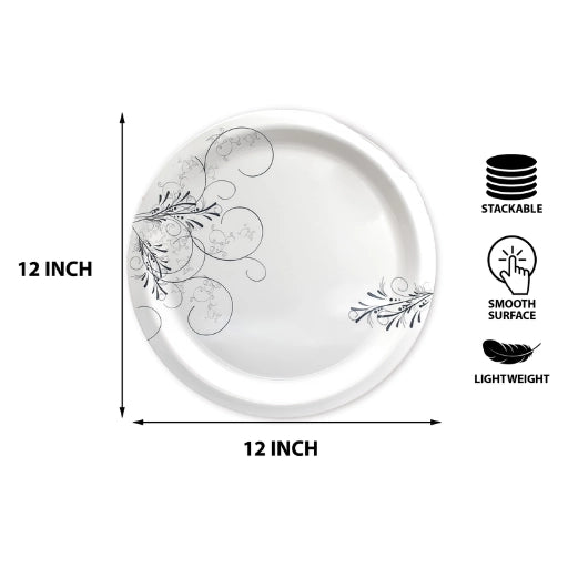 White & Black Floral Melamine Round Plates (12 Inch, Set of 6)