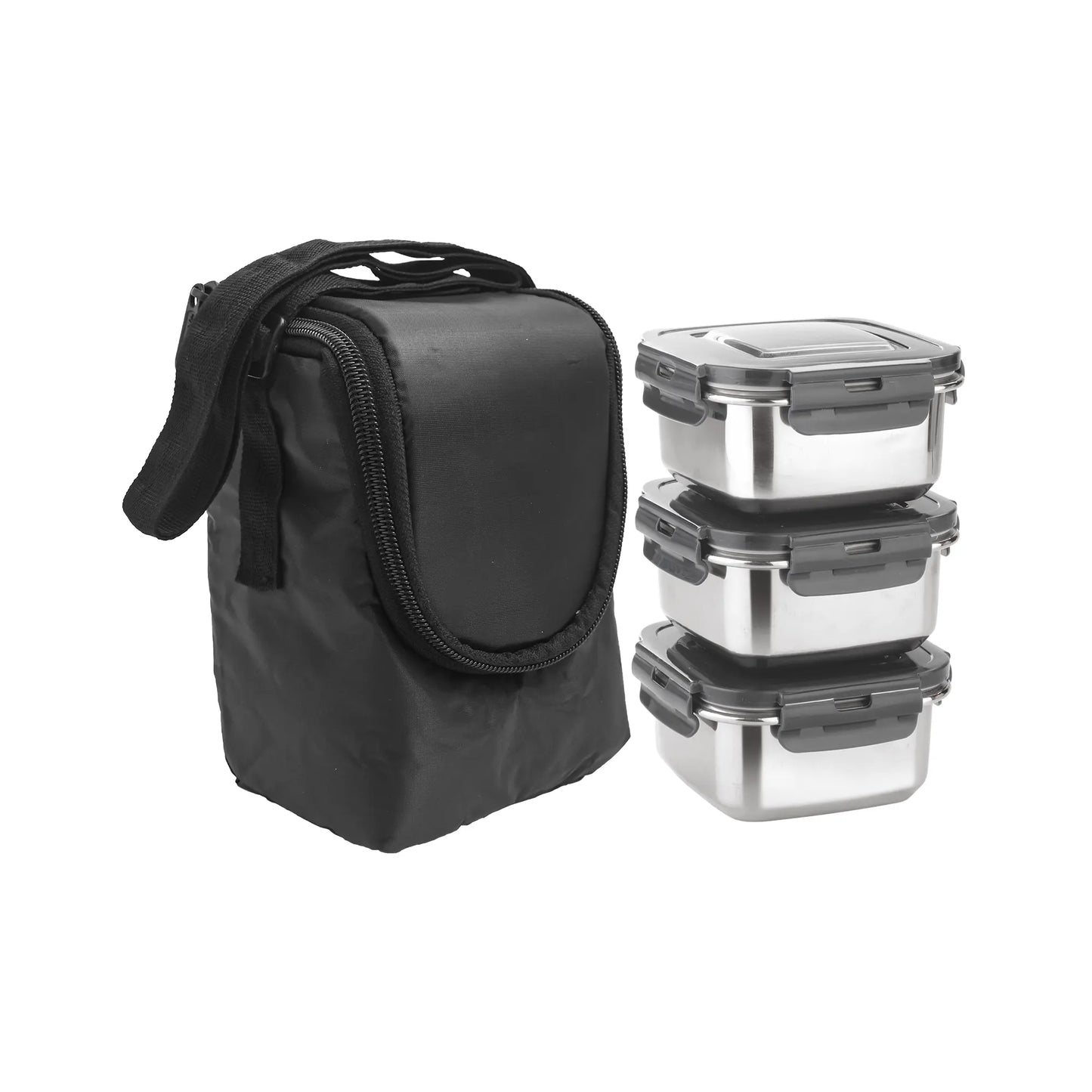 Nayasa Stainless Steel Eco Crunch 3 Containers Lunch Box With Fabric Bag, Black