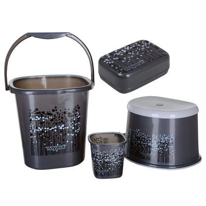 NAYASA Funk Grey Bucket(25L),Mug,Soap case & Stool Set - 4 Piece for Bathroom