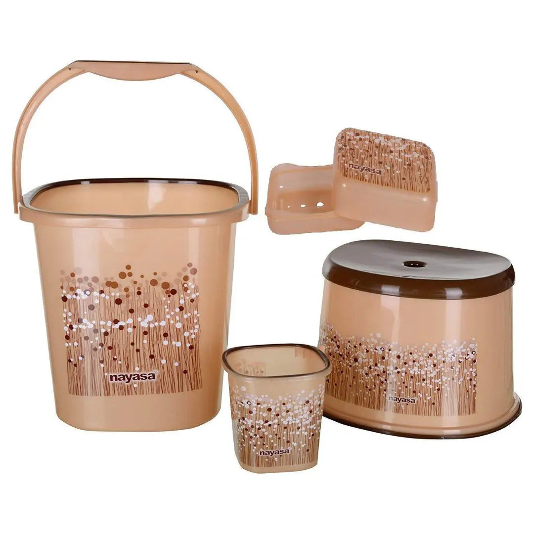 NAYASA Funk Brown Bucket(25L),Mug,Soap case & Stool Set - 4 Piece for Bathroom