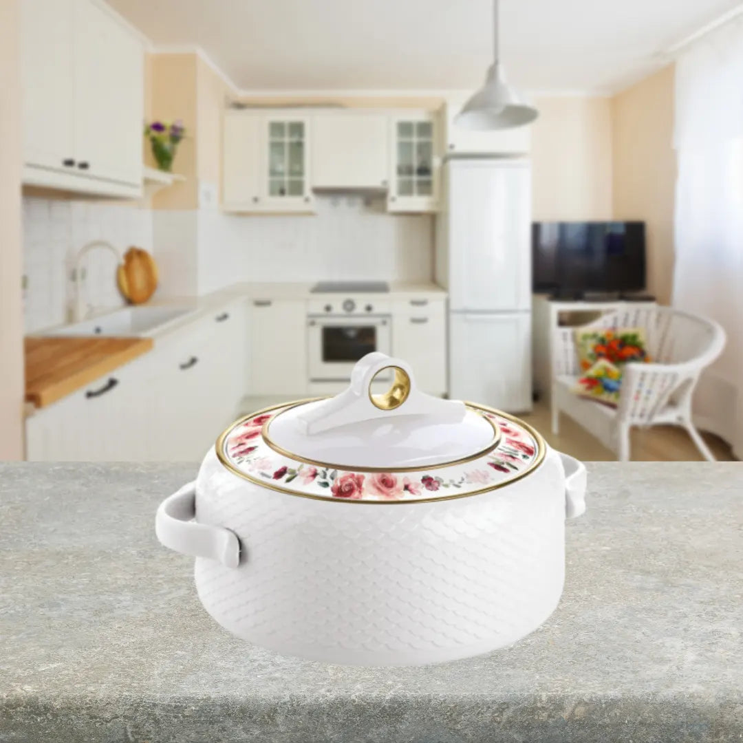 The NAYASA Coral Casserole resting on a clean white kitchen counter.