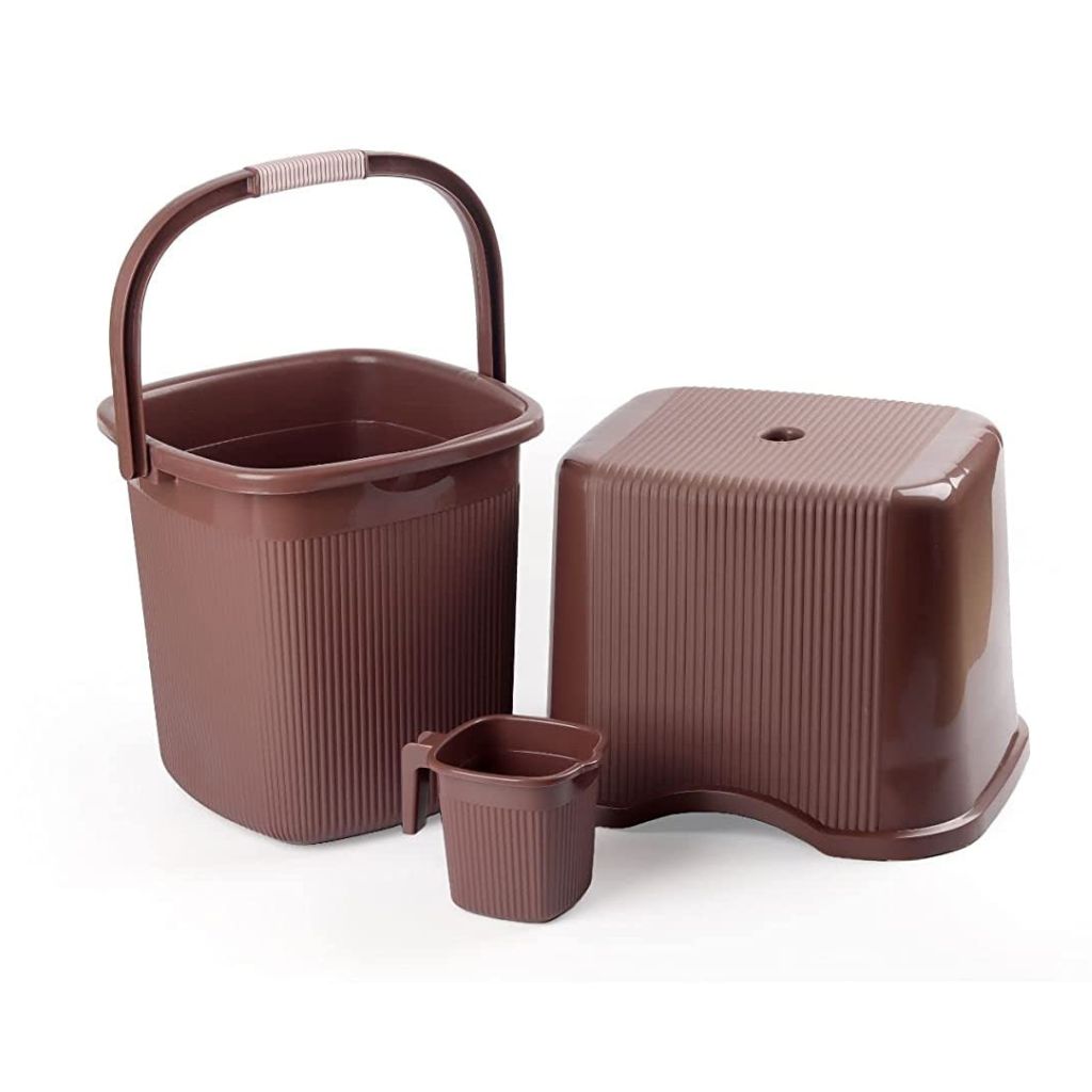 NAYASA Rimmy bathroom  Set Brown - 25L Bucket, 1.5L Mug, and Stool Combo