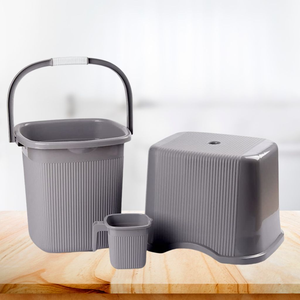 NAYASA Grey Rimmy Bucket(25L),Mug & Stool Set - 3-Piece for Bathroom