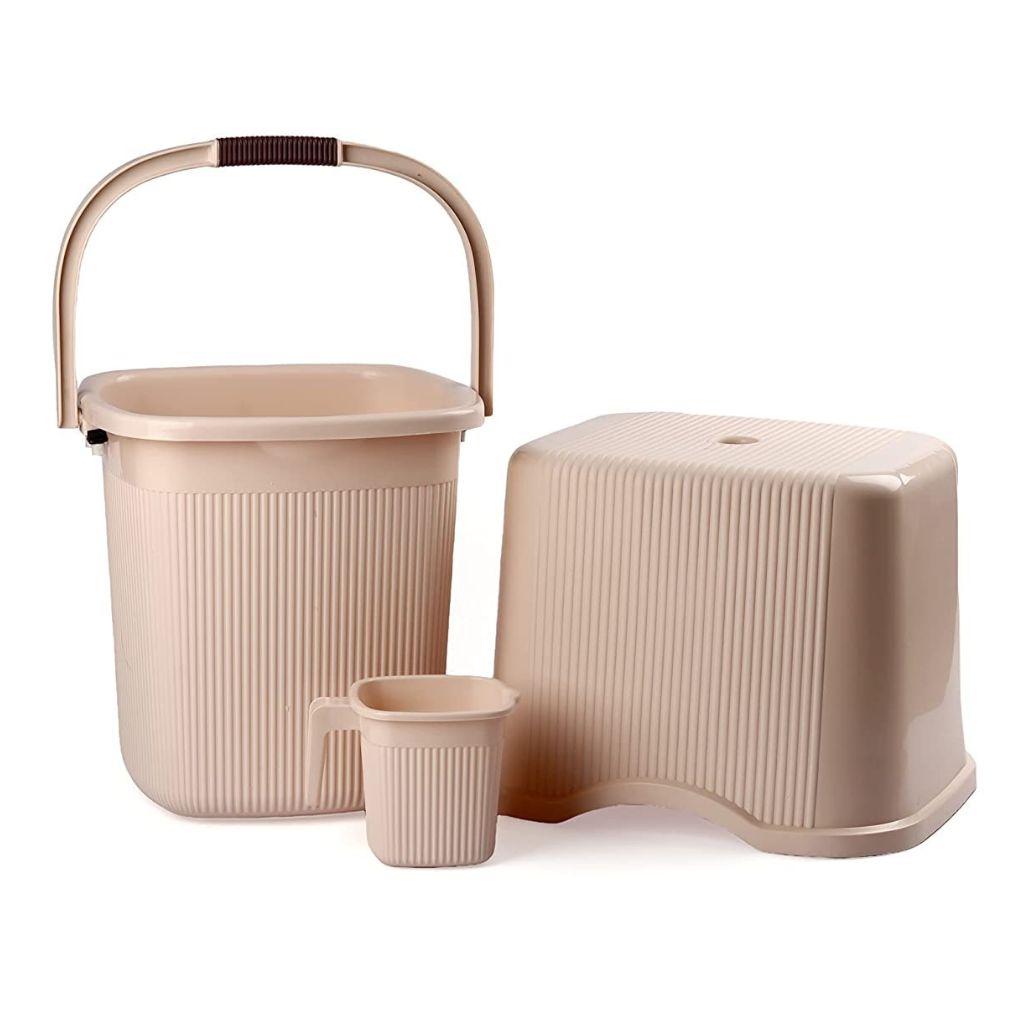 NAYASA Ivory Rimmy Bucket(25L),Mug & Stool Set - 3-Piece for Bathroom