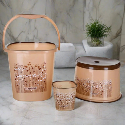 NAYASA Brown Funk Bucket,Mug & Stool Set - 3-Piece for Bathroom