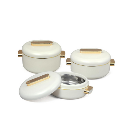 RISHABH Insulated Serving Premium Sheraton Casserole Set with Lid (1500, 2000, 2500 ml) (Pearl White)