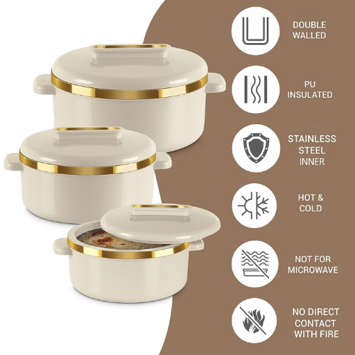 RISHABH Insulated Serving Premium Sheraton Casserole Set with Lid (1500, 2000, 2500 ml) (Pearl White)