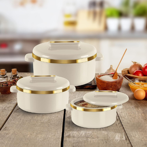 RISHABH Insulated Serving Premium Sheraton Casserole Set with Lid (1500, 2000, 2500 ml) (Pearl White)