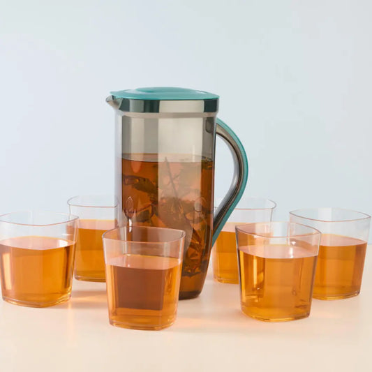 Elegant green Bondr jug with six matching glasses, perfect for serving water and iced tea.