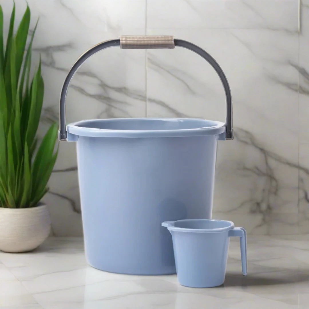 Sturdy plastic bucket and mug set for various tasks