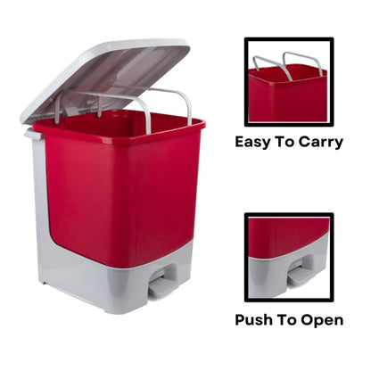 A RED AND WHITE TRASH CAN WITH A HANDLE