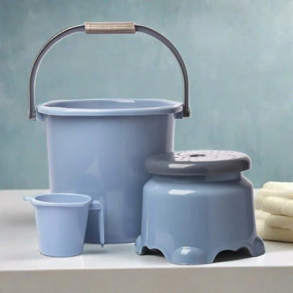 A versatile bucket, mug, and stool set for household use